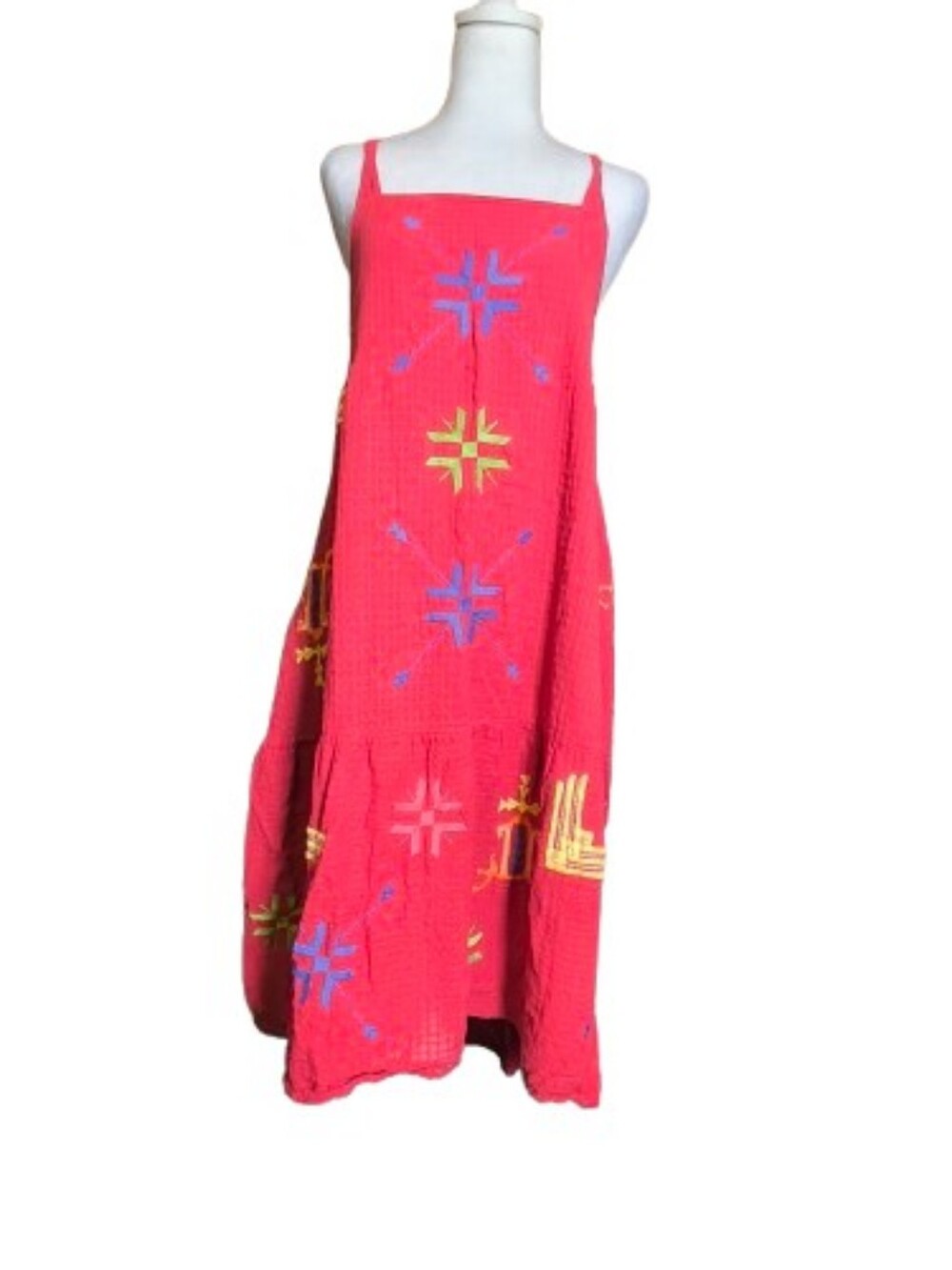 ASOS Red Embroidered Sundress Boho Crinkle Cotton Midi Dress Open Back US 6